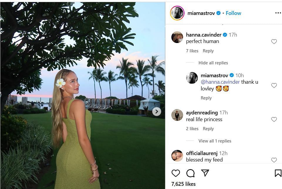 Hanna Cavinder reacts to Mia Mastrov's IG photos. Image via @miamastrov